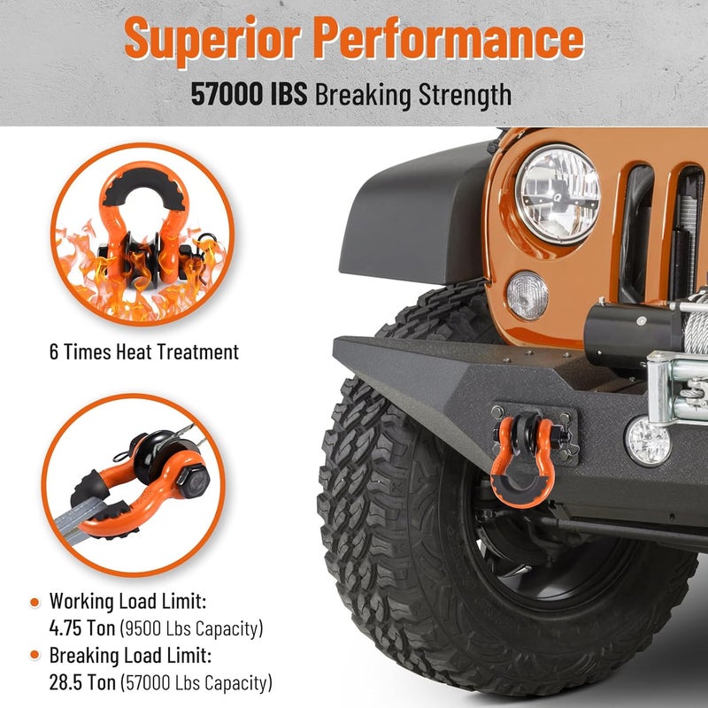 Pilida 2Pcs 3/4" D Ring Shackles with Upgraded Snatch Blocks,57,000 lbsMaximum Break Strength Heavy Duty Shackles with 7/8" Screw Pin for Road Vehicle Recovery Tow Strap Winch,Orange - Image 4